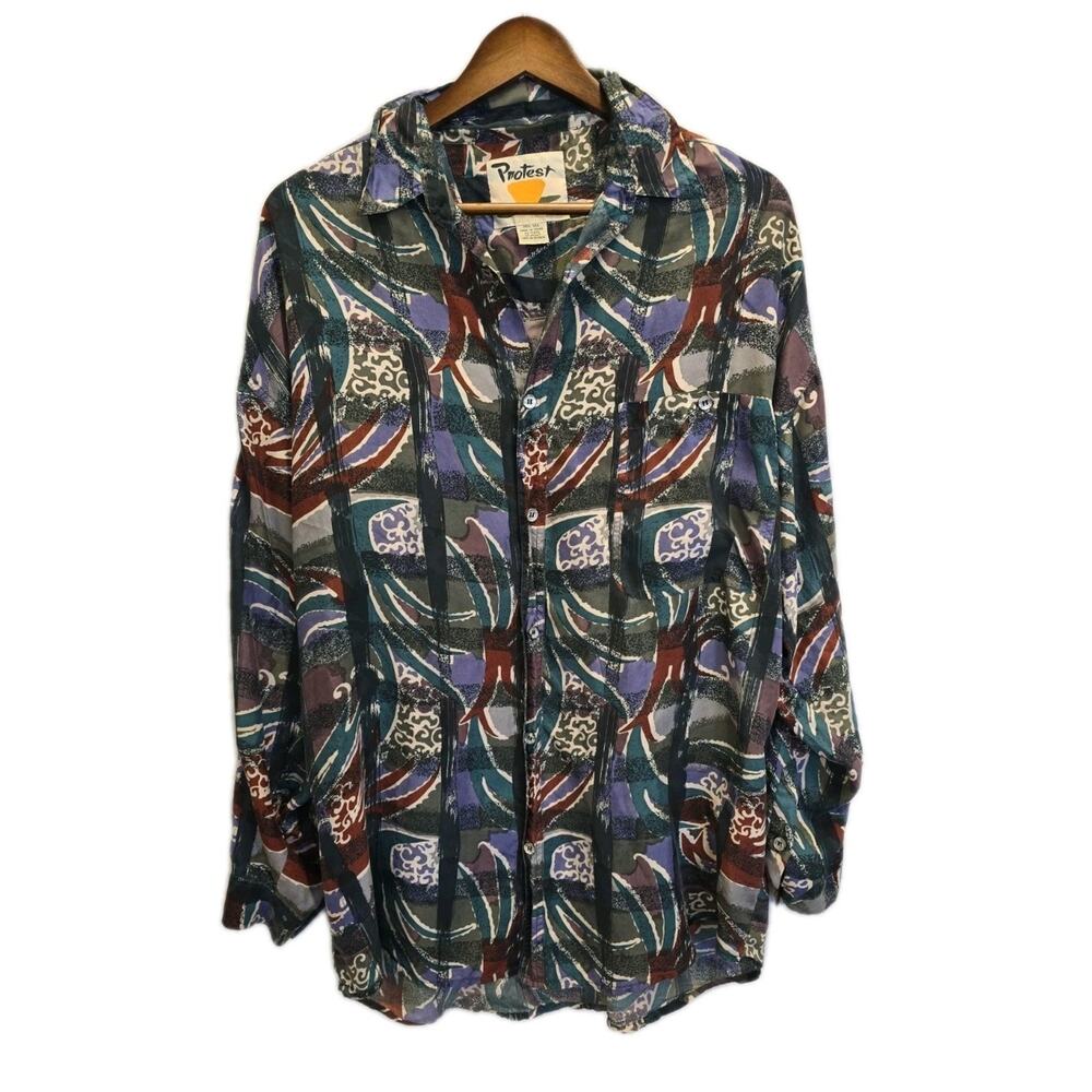 Vintage Protest 90s Silk Shirt Men's M Long Sleeve Abstract Art Button Up